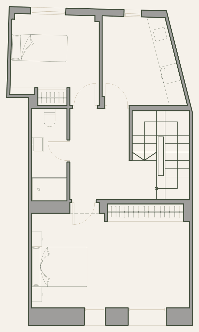 Second-floor plan: Manzanilla's two bedrooms and their bathroom.